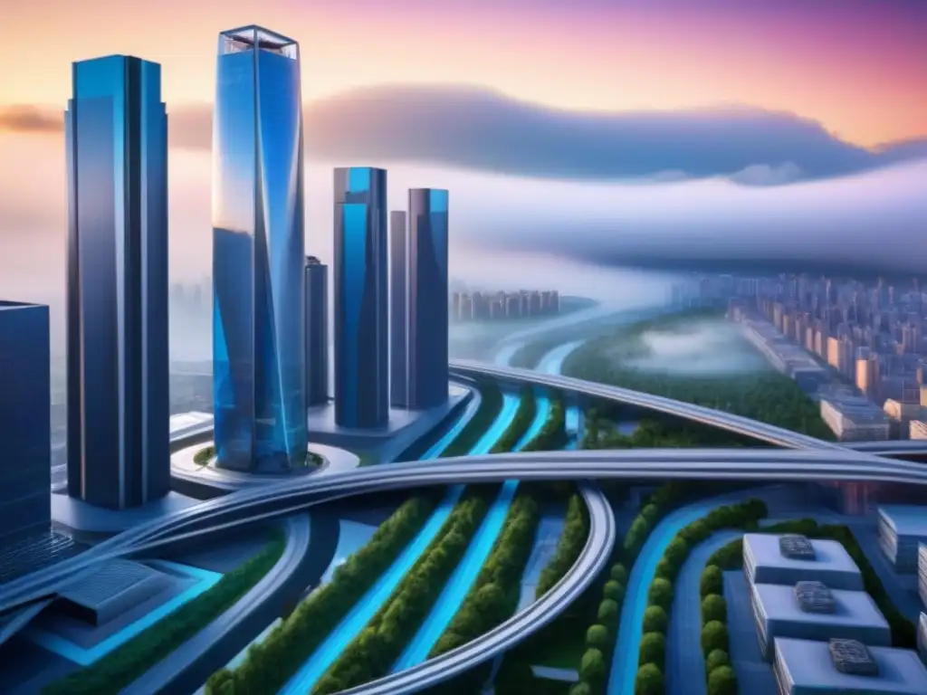 Metrópolis futurista: innovación disruptiva en el sector inmobiliario Un paisaje urbano futurista con arquitectura innovadora y modelos de negocio disruptivos inmobiliarios
