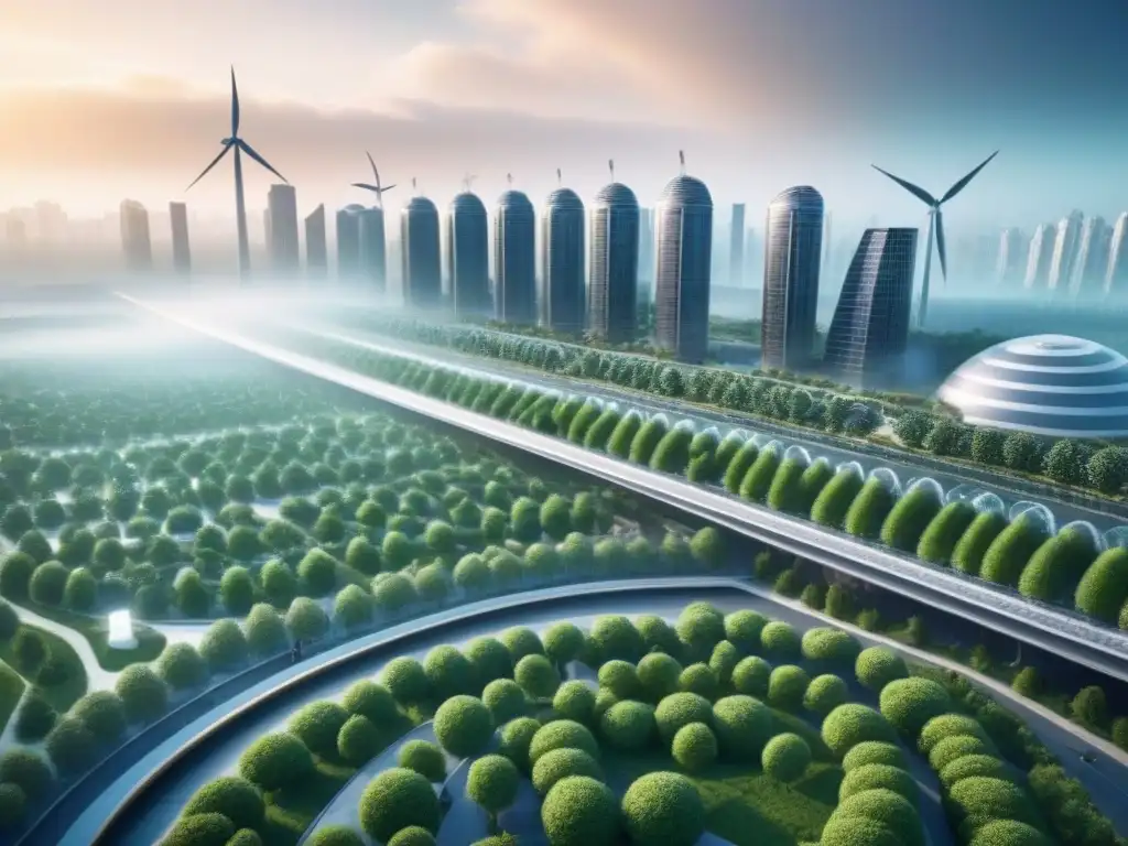 Diseño arquitectónico sostenible: ciudad futurista ecoamigable Un paisaje urbano futurista con arquitectura innovadora en ciudades sustentables