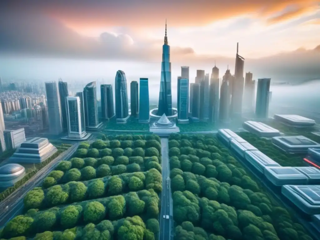 Metrópolis futurista: fusión arquitectónica tradicional y moderna Un paisaje urbano futurista que mezcla arquitecturas tradicionales y modernas