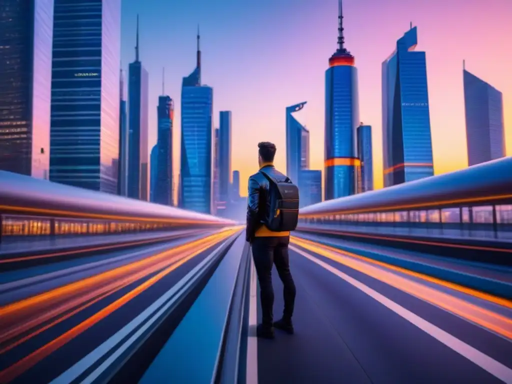 Metrópolis futurista al atardecer: visión innovadora en 8k Un paisaje urbano futurista al atardecer con rascacielos brillantes y sistemas de transporte de alta tecnología