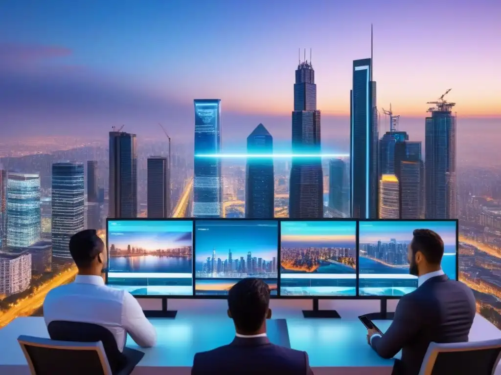Metrópolis futurista: innovación AI en bienes raíces Un paisaje urbano futurista al atardecer, con rascacielos modernos iluminados por luces de neón y drones avanzados