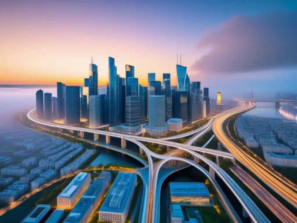 Metrópolis Financiera: Redes de Refinanciamiento Un paisaje urbano futurista con complejas vías simboliza las tasas de interés en refinanciamiento, iluminado en tonos cálidos