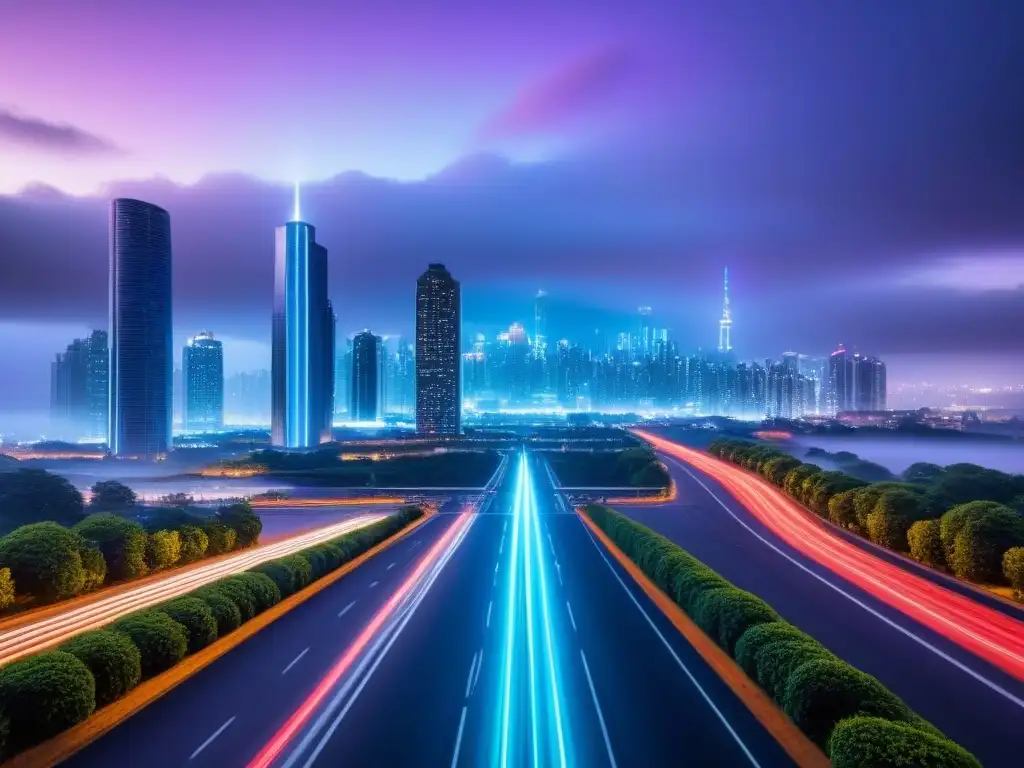 Metrópolis futurista: inteligencia artificial transformando la ciudad Un paisaje urbano futurista detallado de noche, con edificios modernos iluminados por luces de neón y tecnología de vanguardia
