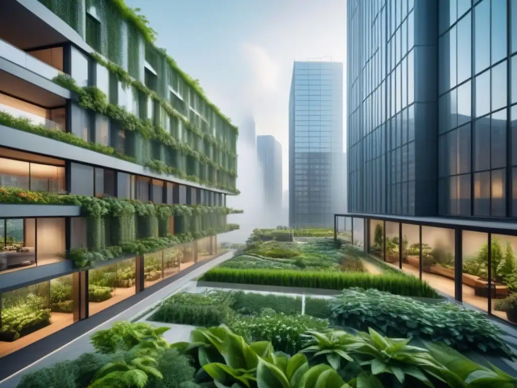 Metrópolis futurista: armonía urbana y naturaleza Un paisaje urbano futurista con diseño biofílico que integra arquitectura sostenible y naturaleza, brindando beneficios en espacios urbanos