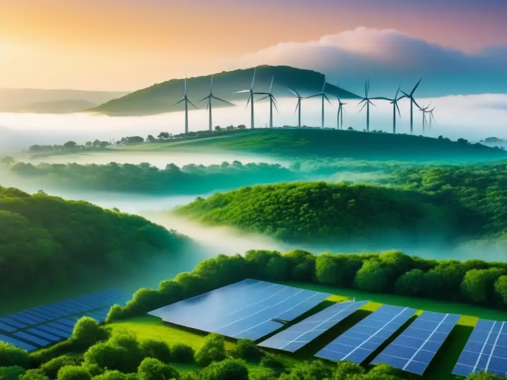Metrópolis sostenible del futuro: certificaciones ambientales Un paisaje urbano futurista con edificaciones eficientes rodeadas de vegetación y fuentes de energía renovable, para Certificaciones ambientales desarrollos inmobiliarios