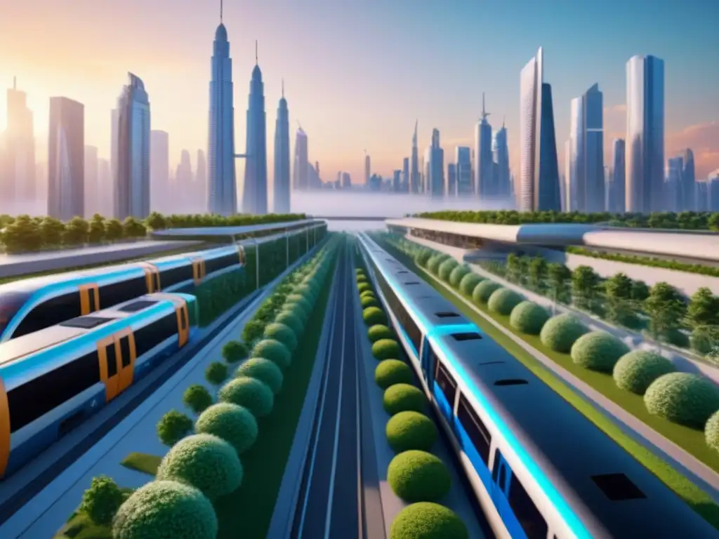 Futurismo verde: ciudad avanzada integrada con naturaleza en 8k Un paisaje urbano futurista con edificios modernos y vegetación, integrando sistemas de transporte avanzados, bañado por la luz del atardecer