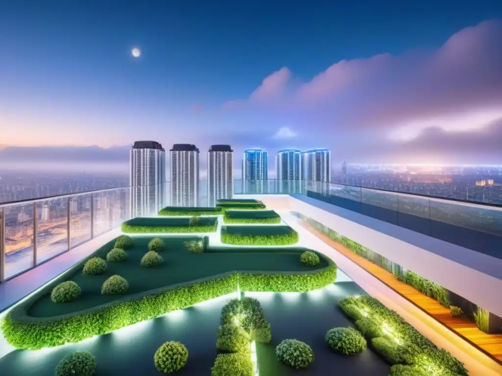 Metrópolis futurista: desarrollo inmobiliario avanzado y sostenible Un paisaje urbano futurista con edificios altos y pasarelas transparentes, mostrando un desarrollo inmobiliario avanzado gracias a modelos predictivos en bienes raíces