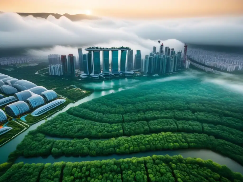 Metrópolis futurista: sostenibilidad y vanguardia en arquitectura eco Un paisaje urbano futurista con edificios sostenibles integrados en espacios verdes, mostrando la planificación del portafolio inmobiliario futuro