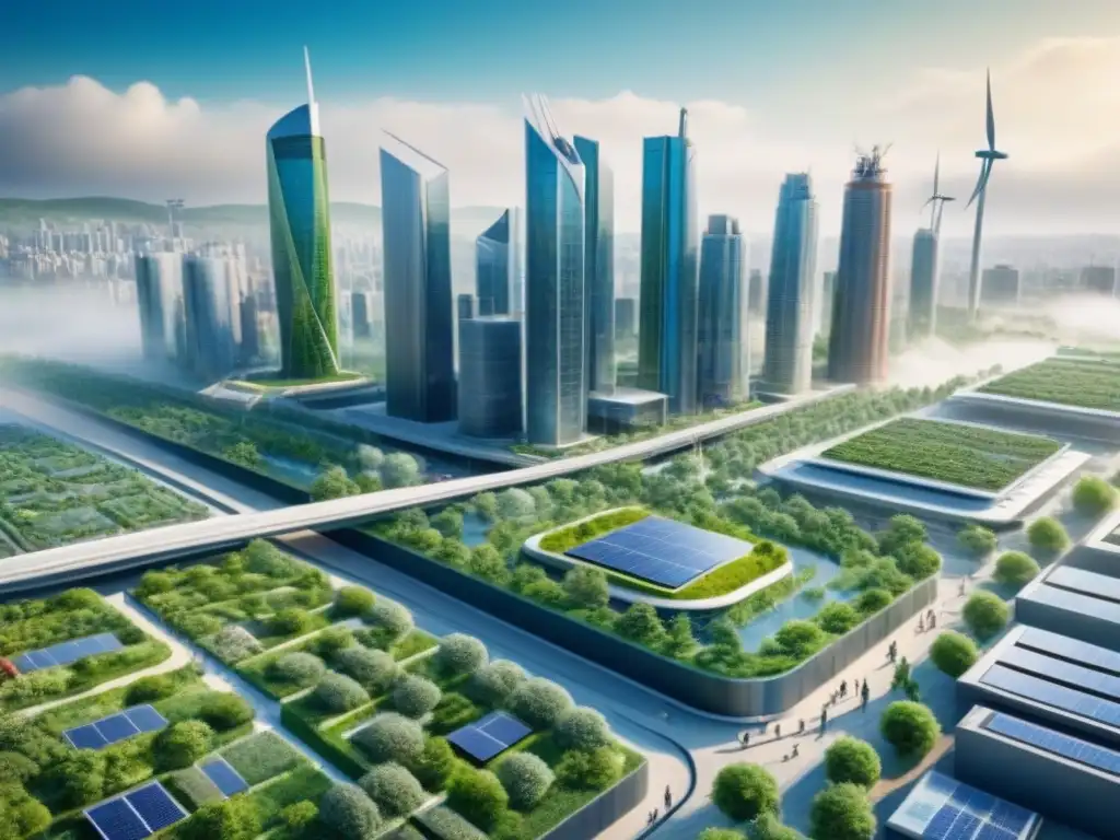 Metrópolis futurista: arquitectura verde y sostenible Un paisaje urbano futurista con edificios verdes y tecnología sostenible, reflejando la coexistencia entre desarrollo urbano y conservación ambiental