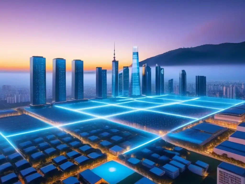 Metrópolis del Futuro: Integración de Blockchain en Bienes Raíces Un paisaje urbano futurista con edificios transparentes que muestran la integración de la tecnología blockchain en el mercado inmobiliario