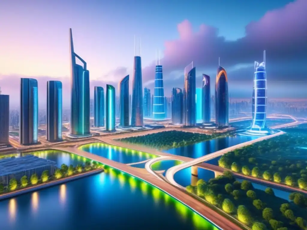 Metrópolis futurista: edificios de vidrio, tecnología avanzada y luces de neón vibrantes Un paisaje urbano futurista con edificios de vidrio y acero, tecnología avanzada y luces neón