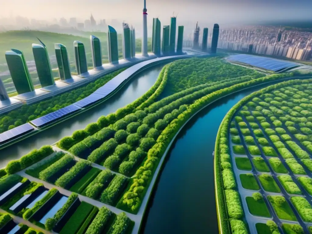 Ciudad del Futuro: Diseño Ecológico en 8k Un paisaje urbano futurista con edificios verdes integrados, prácticas ecológicas en planificación urbana