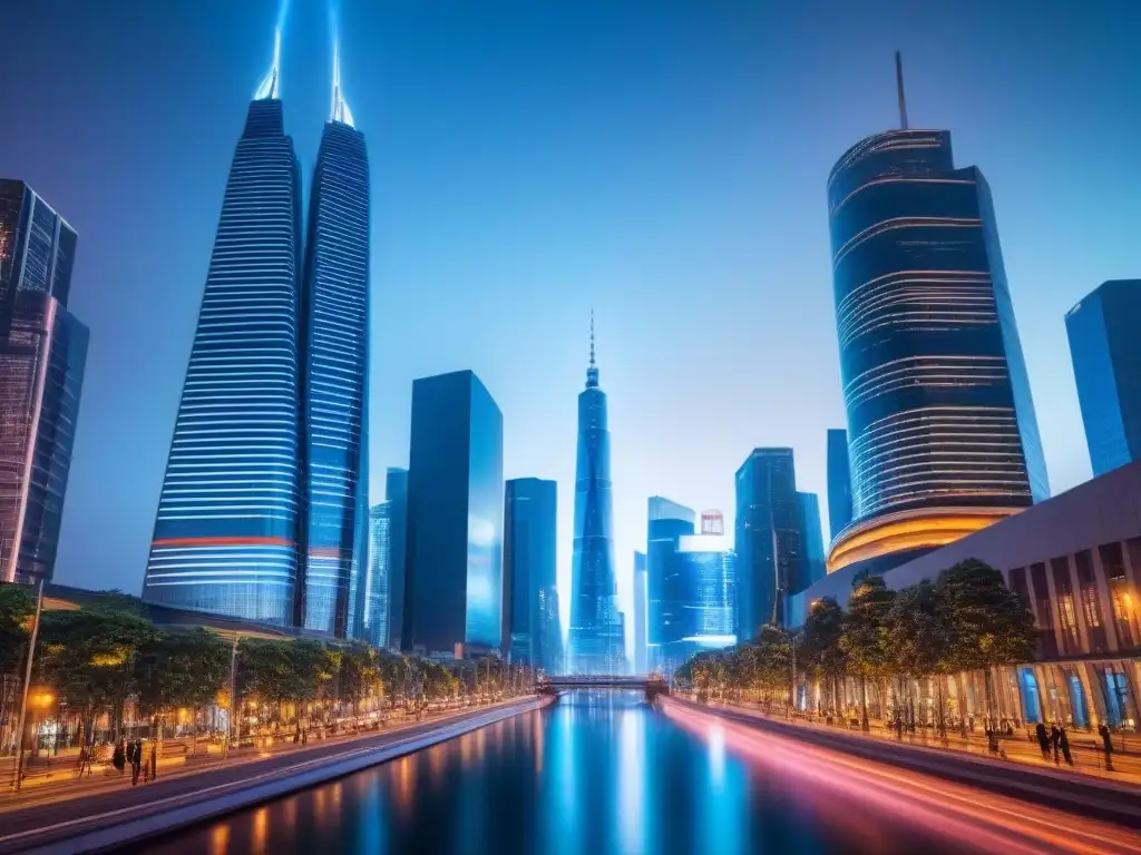 Cityscape futurista: tecnología y real estate en acción Un paisaje urbano futurista de noche con rascacielos iluminados y pantallas digitales mostrando datos inmobiliarios