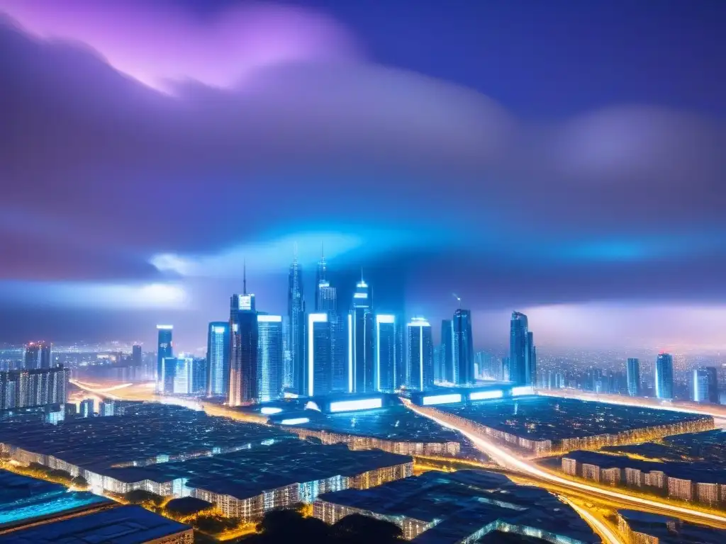 Metrópolis futurista: luces y tecnología en REITs Un paisaje urbano futurista de noche con rascacielos iluminados por luces de neón, mostrando la integración de innovaciones tecnológicas en REITs