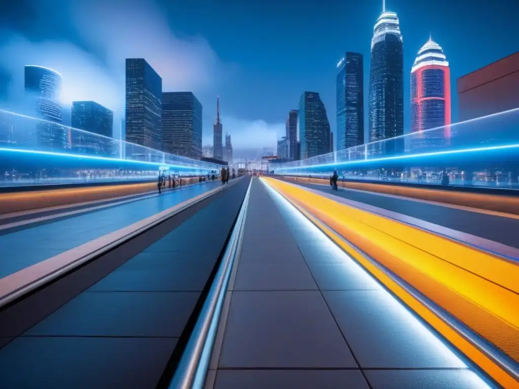 Metrópolis inclusiva: diseño urbano futurista con accesibilidad integrada Un paisaje urbano futurista de noche, con modernos edificios accesibles y diseño inclusivo