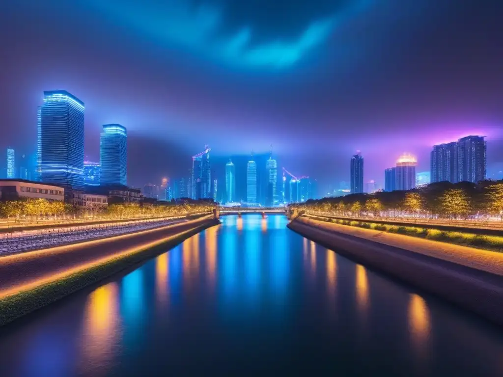 Metrópolis futurista: luces de neón en la ciudad inteligente Un paisaje urbano futurista de noche, iluminado por luces de neón vibrantes con rascacielos imponentes reflejados en un río reluciente