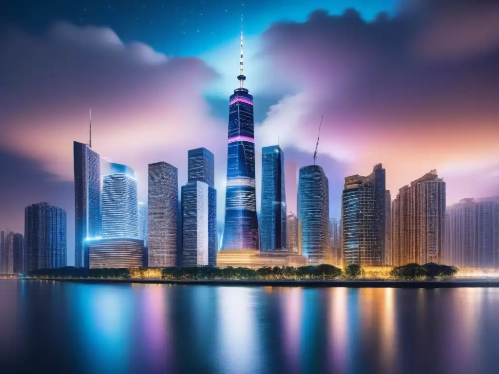Metrópolis futurista: luces neón sobre río cristalino Un paisaje urbano futurista de noche con rascacielos iluminados y un río cristalino abajo, con datos digitales sobreimpresos