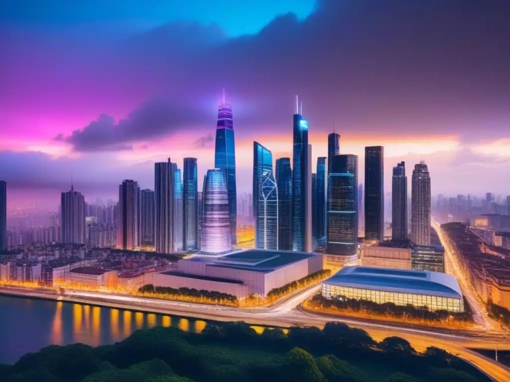 Skyline futurista: luces neón en la noche Un paisaje urbano futurista nocturno con luces neón brillantes en rascacielos