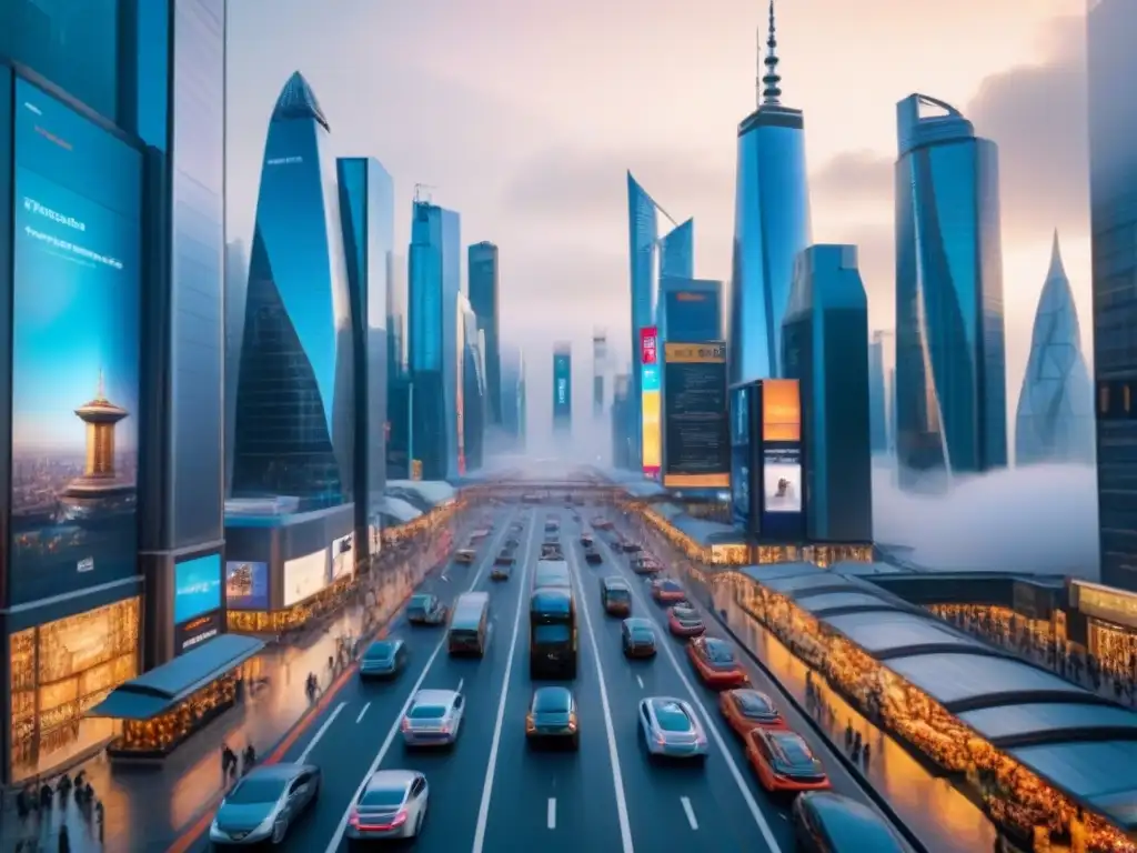 Metrópolis futurista: innovación y progreso en la ciudad del mañana Un paisaje urbano futurista con rascacielos de cristal y acero, tecnologías avanzadas y autos sin conductor