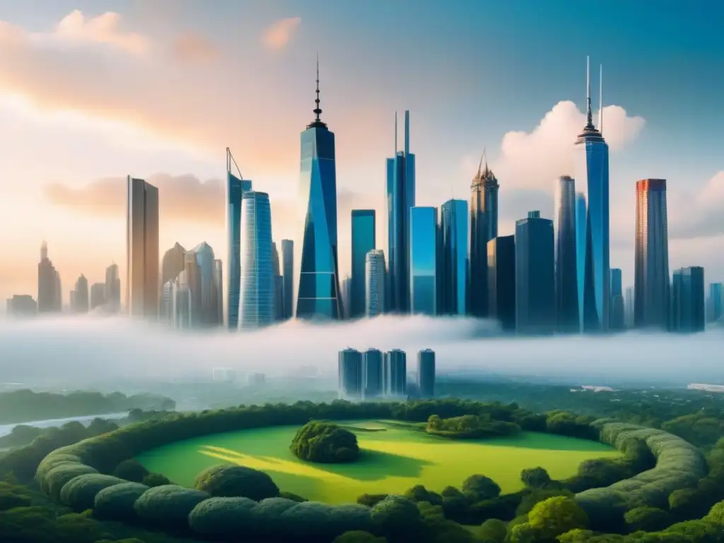 Innovación en gestión de riesgos inmobiliarios frente a la deflación Un paisaje urbano futurista con rascacielos y parques verdes, resaltando la importancia de los riesgos deflación inversiones inmobiliarias