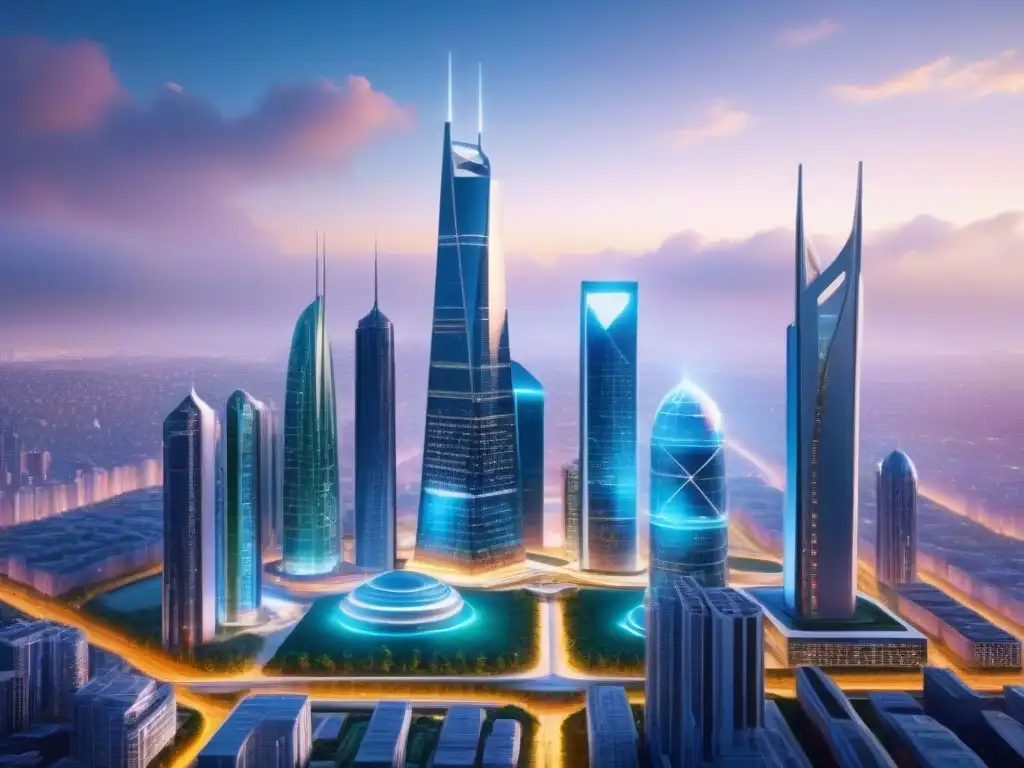 Metrópolis futurista: tecnología avanzada en bienes raíces Un paisaje urbano futurista con rascacielos modernos y tecnología avanzada, reflejando tendencias financiamiento inmobiliario emergentes