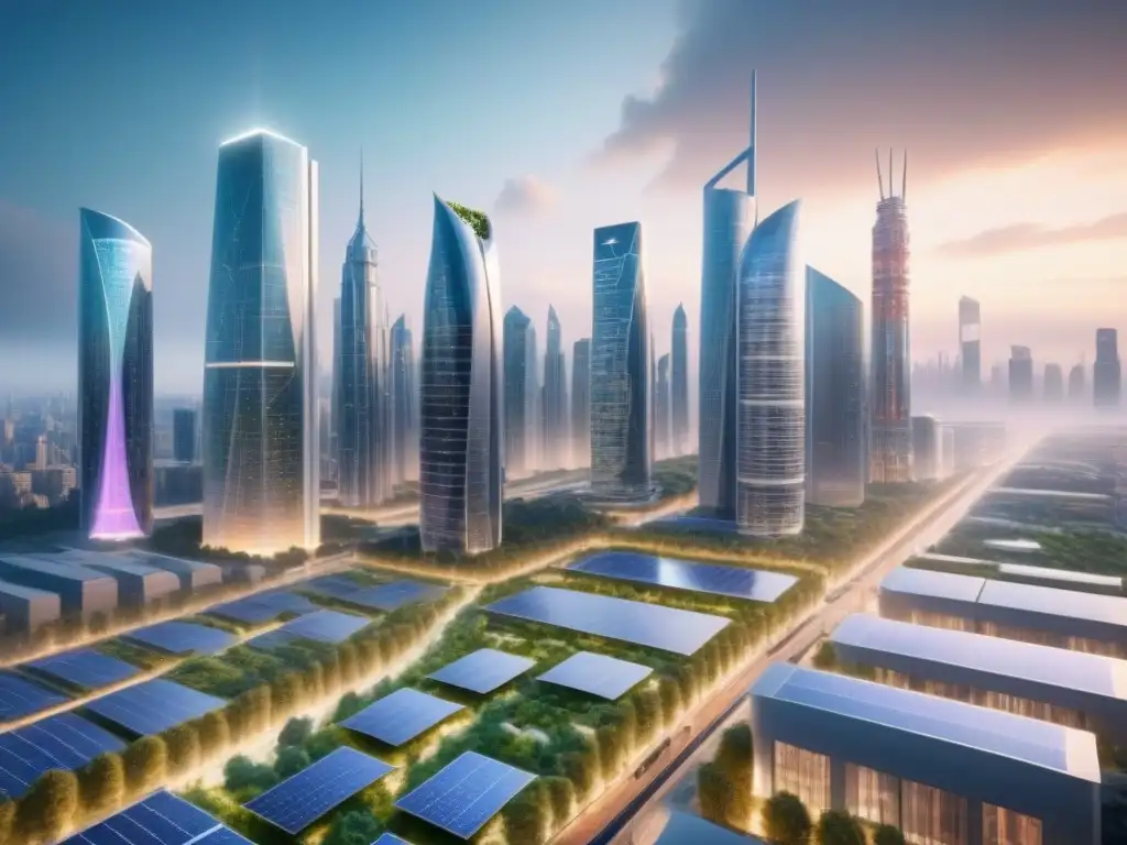 Metrópolis futurista: IA y sostenibilidad en armonía Un paisaje urbano futurista con rascacielos AI y sostenibles que integran naturaleza, vehículos autónomos y peatones