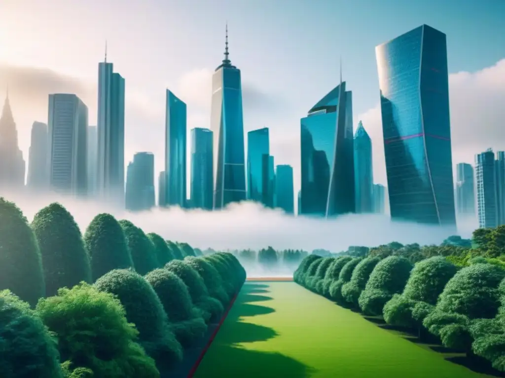 Innovación inmobiliaria: ciudad futurista y profesionales diversificados Un paisaje urbano futurista con rascacielos y espacios verdes sostenibles, donde profesionales debaten sobre inversiones inmobiliarias impactadas por cambios demográficos