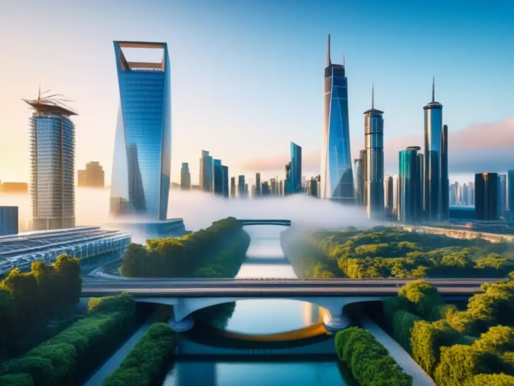 Metrópolis Futurista: Arquitectura Moderna y Naturaleza en Perfecta Armonía Un paisaje urbano futurista con rascacielos modernos interconectados por puentes y rodeados de vegetación, bañados por la luz del atardecer