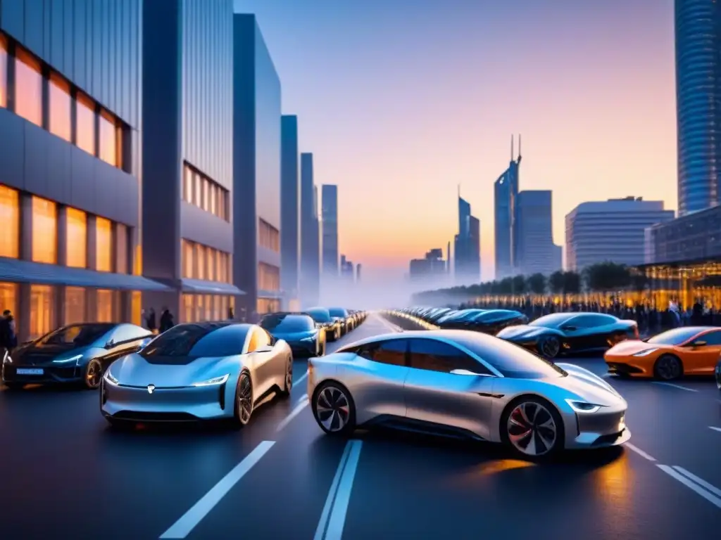 Metrópolis futurista al atardecer: finanzas inmobiliarias del mañana Un paisaje urbano futurista al anochecer, con rascacielos elegantes iluminados y autos eléctricos modernos en una calle bulliciosa