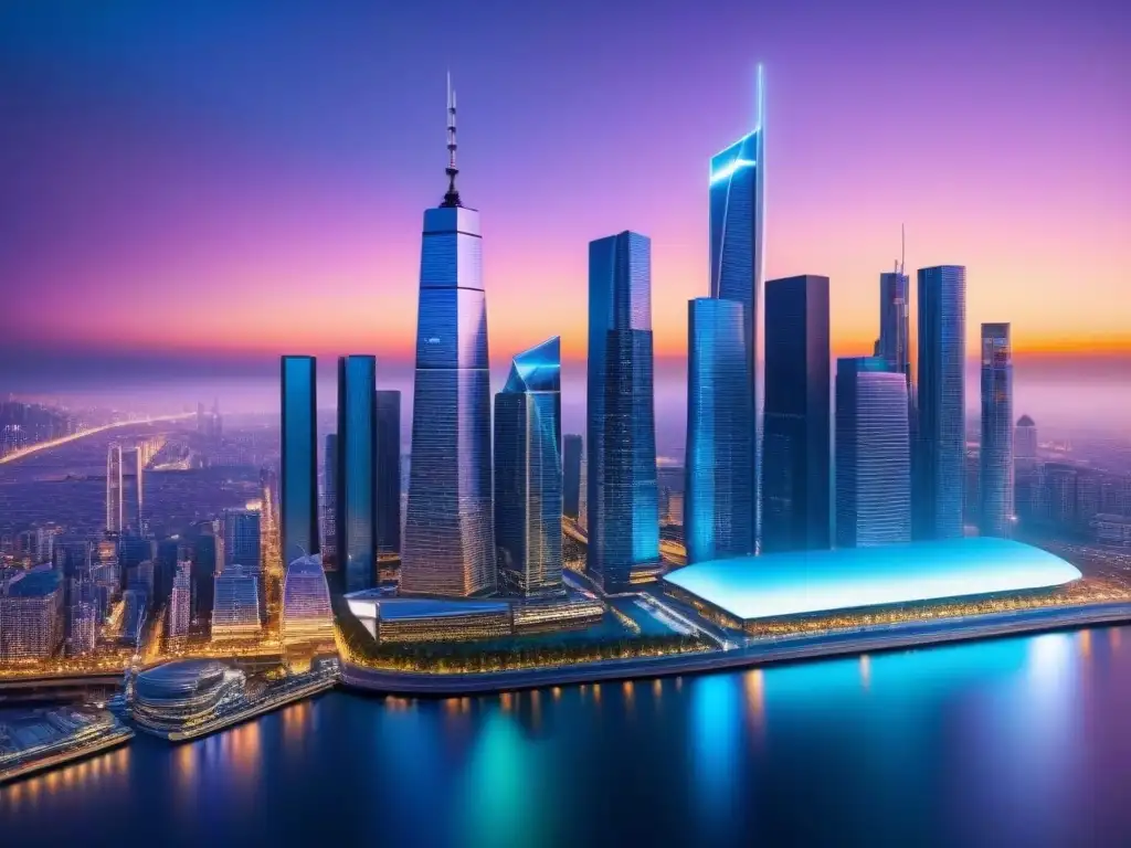 Metropolis futurista: datos financieros brillantes entre rascacielos Un paisaje urbano futurista con rascacielos interconectados, mostrando datos financieros avanzados en forma de gráficos brillantes
