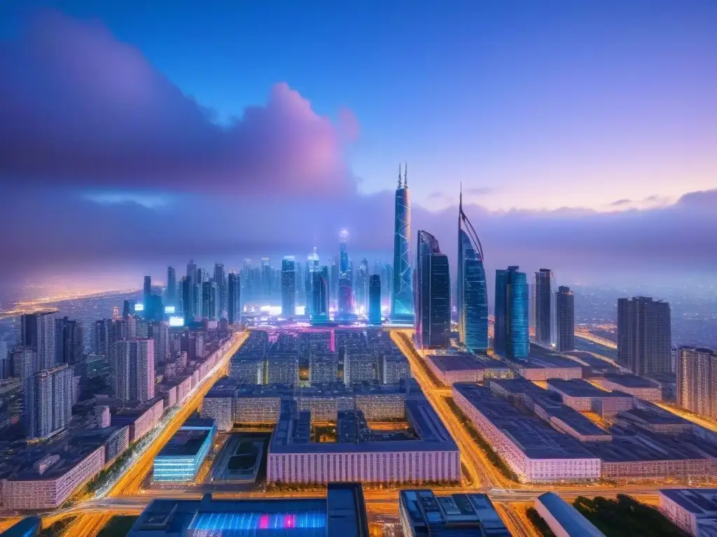 Vibrante ciudad futurista en 8k: luces neón y tecnología avanzada Un paisaje urbano futurista con rascacielos brillantes y luces de neón, ideal para 'Modelos predictivos inversión inmobiliaria'