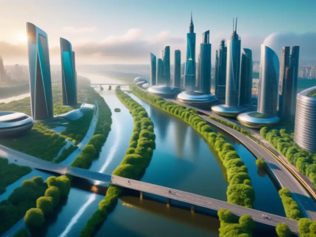 Skyline futurista: ciudad eco-tecnológica en 8k Un paisaje urbano futurista con rascacielos modernos y naturaleza exuberante, mostrando una visión de la ciudad del mañana