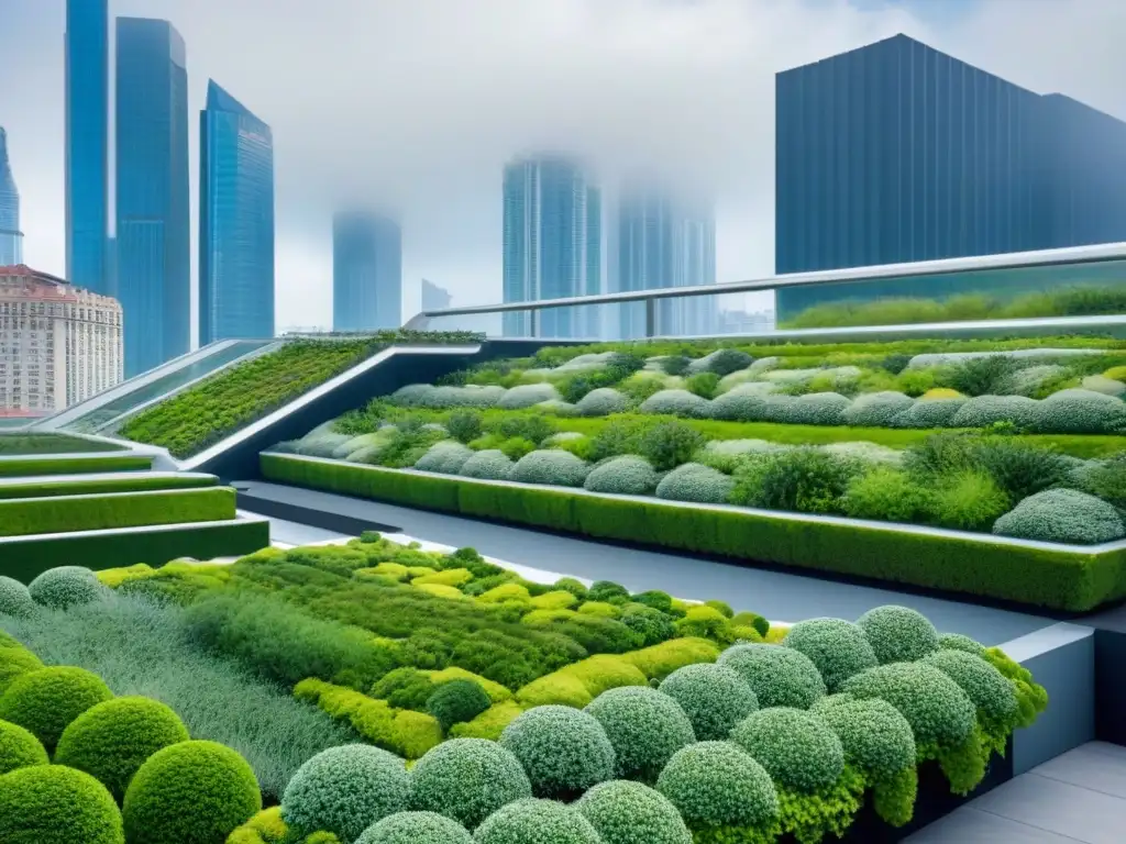 Skyline futurista: arquitectura verde y naturaleza urbana Un paisaje urbano futurista con rascacielos verdes y jardines verticales, ilustrando los beneficios de techos verdes y muros