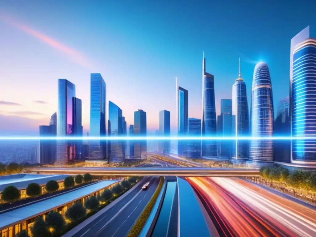 Innovación inmobiliaria: Futurista ciudad digital con datos en tiempo real Un paisaje urbano futurista con rascacielos y tecnología punta, donde se fusionan la innovación y los modelos predictivos inversión inmobiliaria