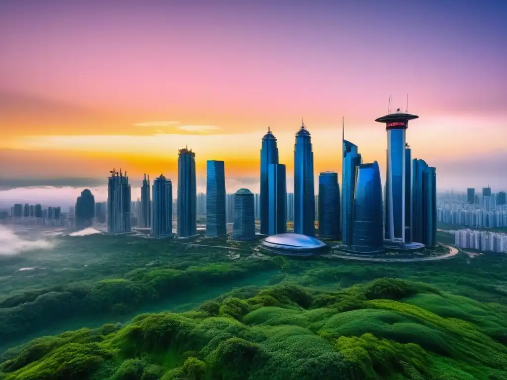 Skyline futurista: mezcla perfecta de urbanismo y naturaleza Un paisaje urbano futurista con rascacielos modernos rodeados de vegetación, ideal para el análisis SWOT en inversiones inmobiliarias