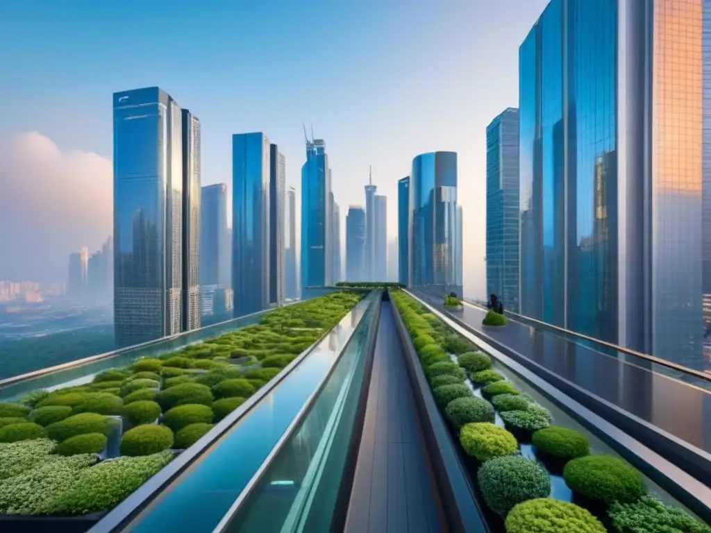 Metrópolis futurista: armonía entre tecnología y naturaleza Un paisaje urbano futurista con rascacielos elegantes, puentes de cristal y vegetación exuberante