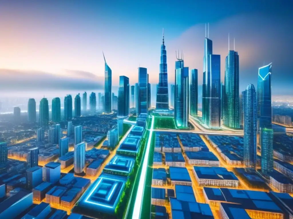 Metrópolis futurista: fusión de arquitectura y tecnología Un paisaje urbano futurista con rascacielos digitales y líneas de datos, simbolizando el refinanciamiento en mercado inmobiliario digital