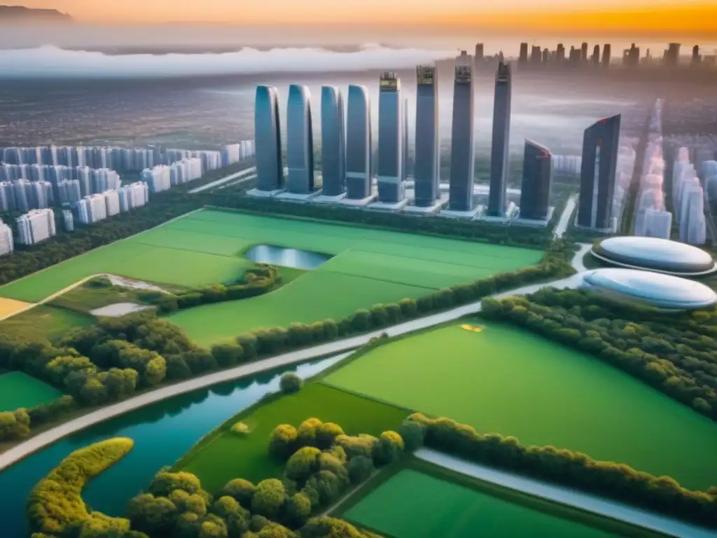 Metrópolis futurista: drones revolucionan el mercado inmobiliario Un paisaje urbano futurista con rascacielos modernos y un dron realizando inspecciones para el mercado inmobiliario