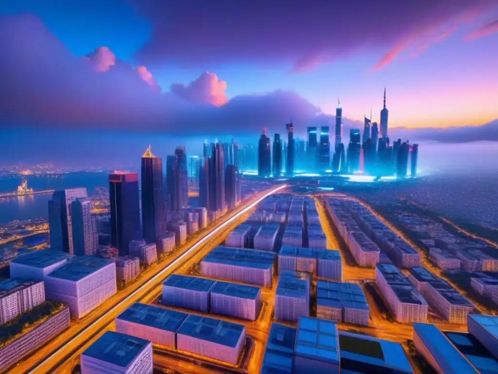 Metrópolis futurista: luces neón y tecnología avanzada Un paisaje urbano futurista al anochecer, con rascacielos iluminados por luces neón y vehículos autónomos en calles translúcidas
