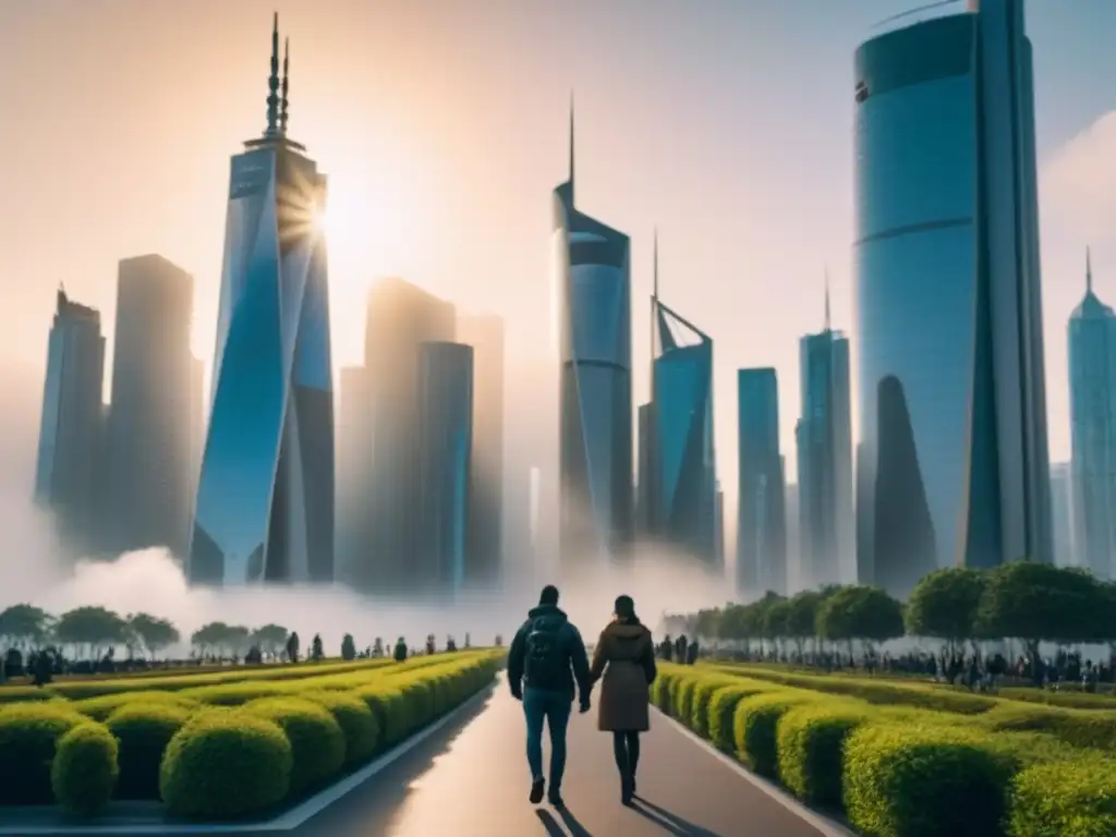 Cityscape futurista en 8k: modernidad y naturaleza en armonía Un paisaje urbano futurista con rascacielos modernos y espacios verdes, iluminado por el sol poniente