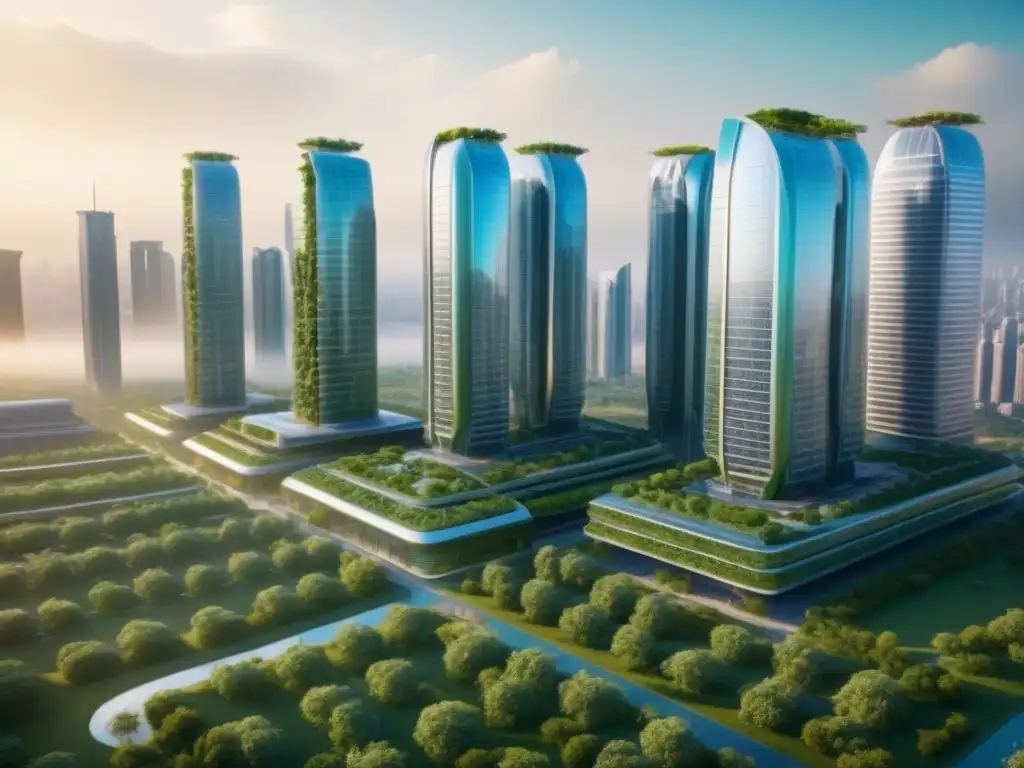 Metrópolis futurista ecoamigable: diseño urbano innovador Un paisaje urbano futurista con rascacielos ecológicos y energías renovables