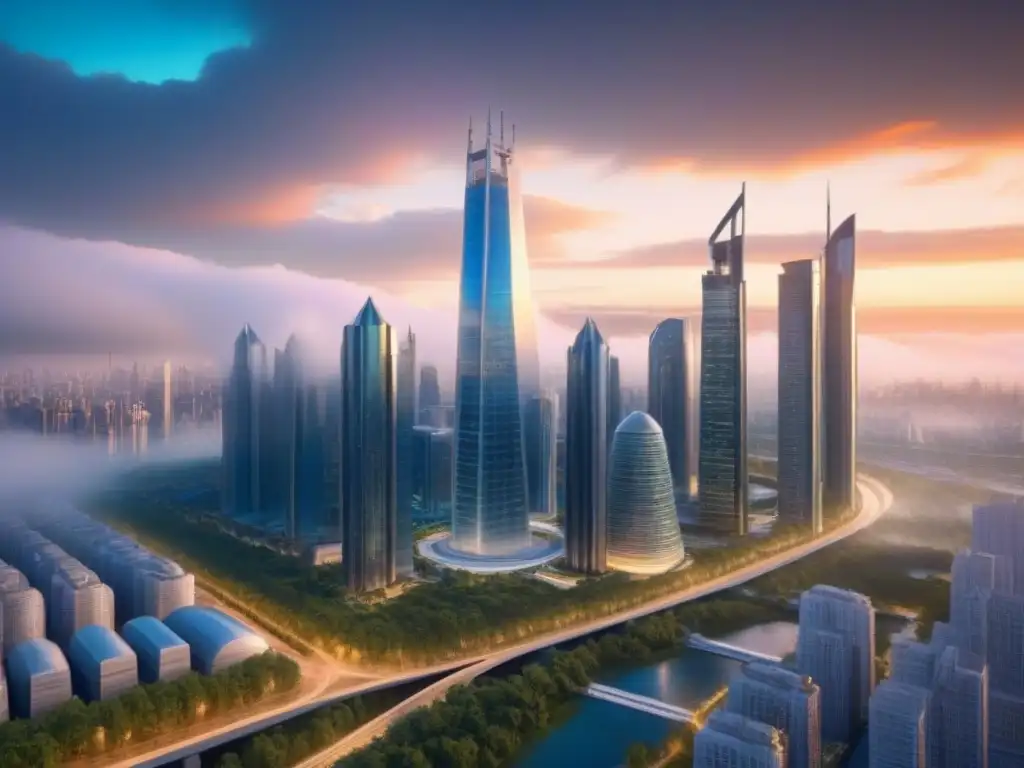 Visión futurista de la ciudad: Real Estate Crowdfunding Un paisaje urbano futurista con rascacielos elegantes, espacios verdes y sistemas de transporte avanzados, reflejando una visión visionaria de desarrollo urbano en el contexto de las tendencias crowdfunding inmobiliario futuro