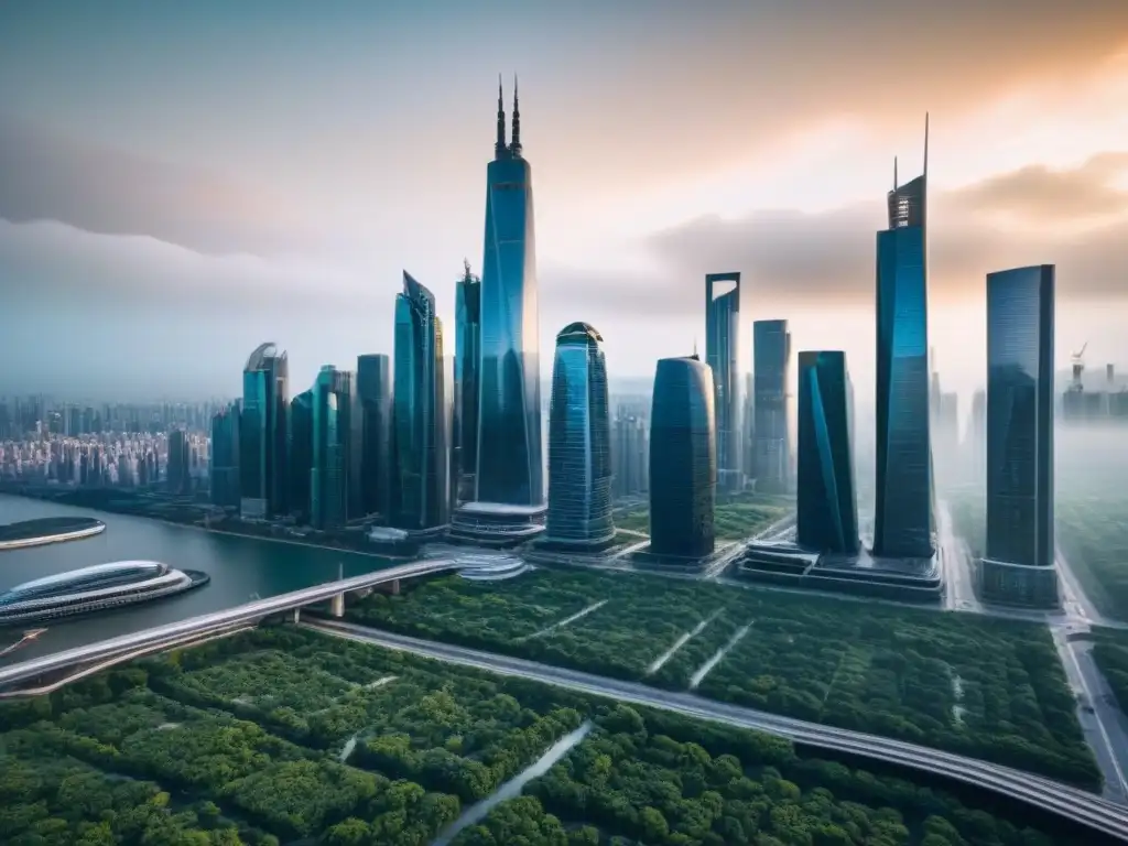 Innovadora ciudad futurista: oportunidades de inversión inmobiliaria Un paisaje urbano futurista con rascacielos, espacios verdes y calles llenas de vida