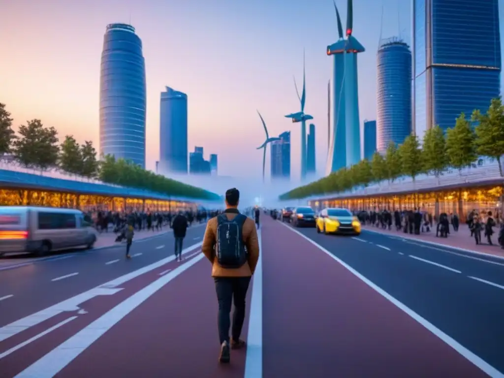 Metrópolis sostenible: armonía entre modernidad y naturaleza Un paisaje urbano futurista al anochecer, con rascacielos relucientes y espacios verdes integrados, como turbinas eólicas y paneles solares