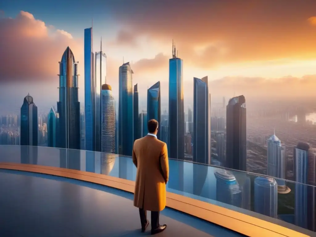 Metrópolis futurista: innovación y prosperidad en el mercado inmobiliario Un paisaje urbano futurista con rascacielos elegantes y calles llenas de profesionales, bañado en una cálida luz dorada al atardecer