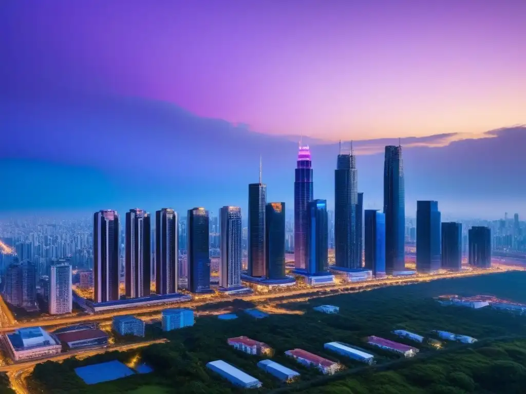 Metrópolis futurista al anochecer: luces vibrantes en el cielo crepuscular Un paisaje urbano futurista al anochecer con rascacielos brillantes iluminados por luces vibrantes, reflejando innovación y modernidad