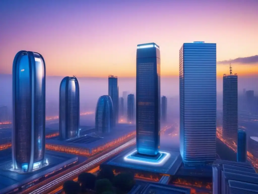 Metrópolis futurista: rascacielos iluminados y drones autónomos Un paisaje urbano futurista al anochecer, con rascacielos elegantes y tecnología en seguros propiedades comerciales