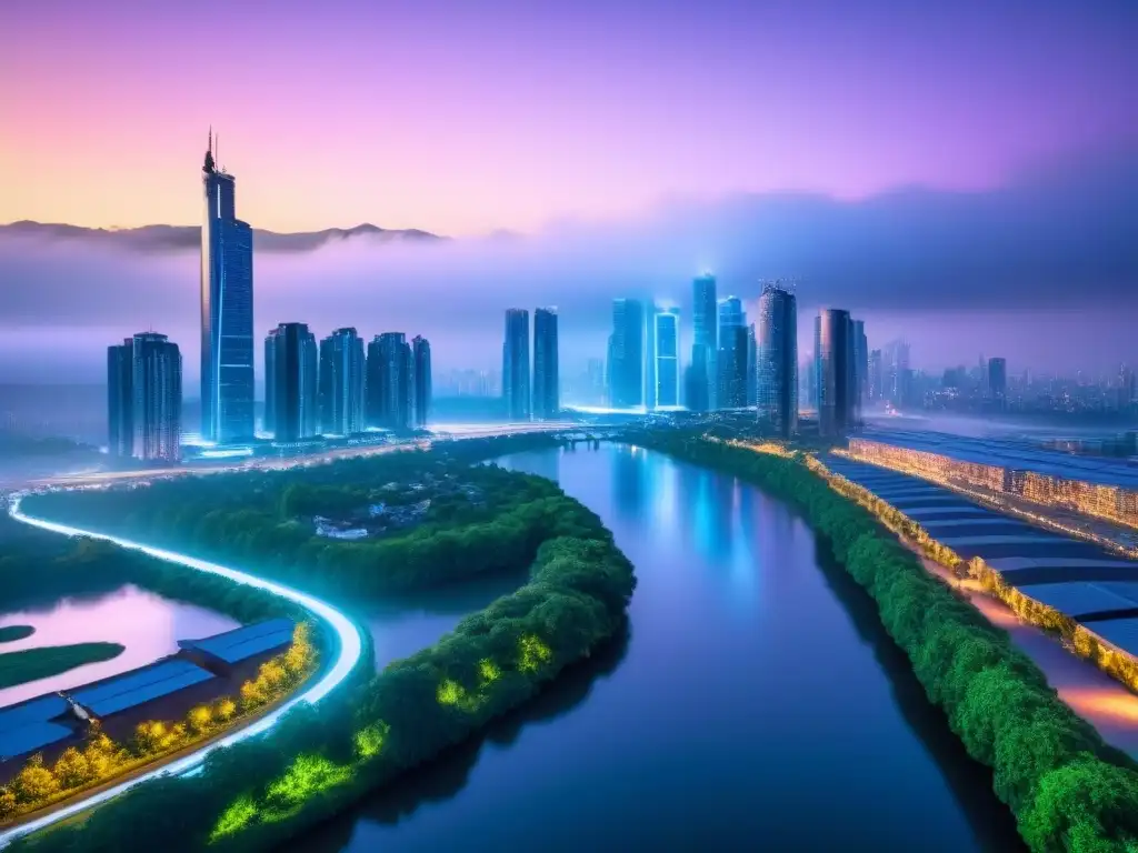 Metrópolis futurista: luces neón y arquitectura verde Paisaje urbano futurista al anochecer con rascacielos iluminados por luces neón, reflejados en río