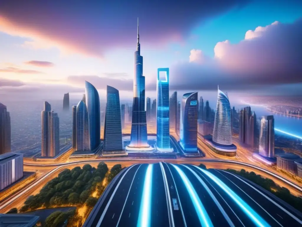Futurista ciudad 8k: innovación y oportunidades de inversión Un paisaje urbano futurista con rascacielos innovadores y profesionales activos