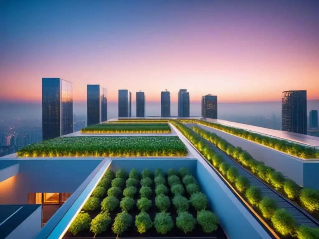 Ecofuturismo: Metrópolis sostenible del mañana Un paisaje urbano futurista al anochecer con rascacielos sostenibles, jardines en los techos y energía renovable integrada